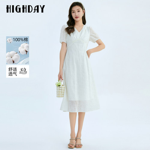 highday轩日2026商场同款优雅女裙夏装新款修身白色短袖连衣裙ins