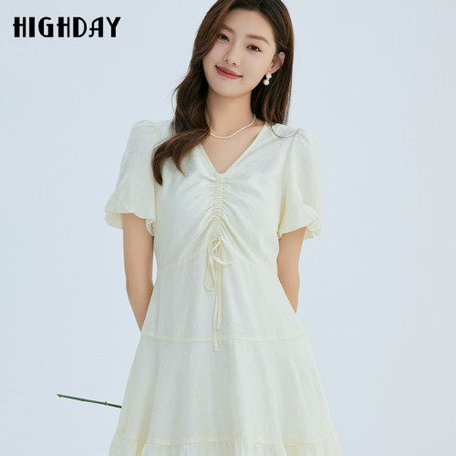 highday轩日2026夏季新款抽褶a字泡泡袖女裙商场款飘逸俏皮连衣裙