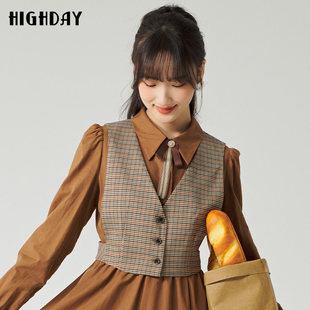 V领格纹单排扣马夹短款 外套LT01CE31033 新款 highday轩日2023春季