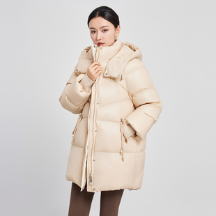 鲁思蒂连帽羽绒服2024年新款女冬季时尚加厚保暖中长款白鸭绒外套