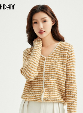 highday轩日2023冬季新款V领上衣女条纹温柔气质长袖针织毛衫chic