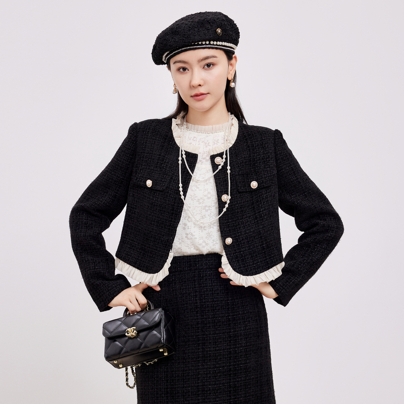 鲁思蒂黑色小香风外套2024新款女春秋休闲时尚小个子短款开衫上衣