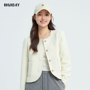 highday轩日2026春秋女装韩系商场同款圈圈呢圆领长袖短外套chic