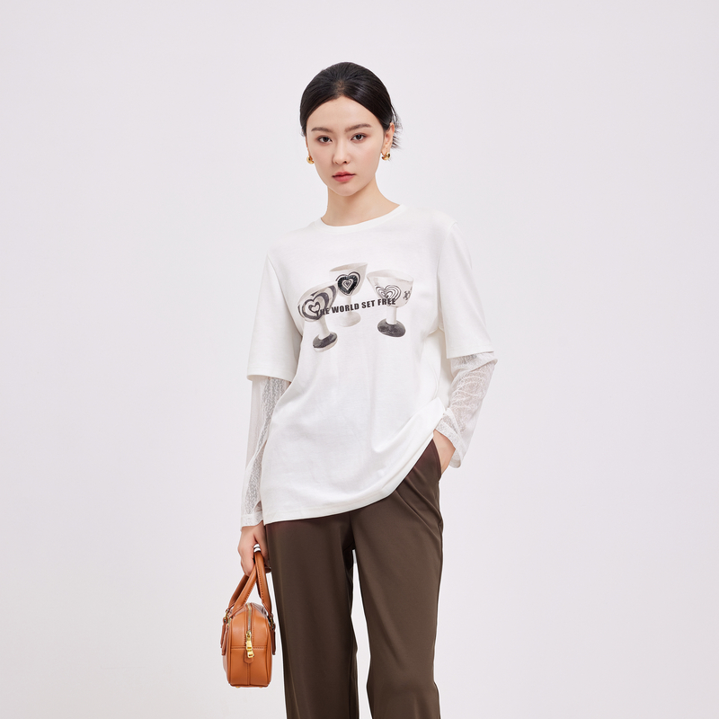 鲁思蒂假两件长袖T恤女2024新款早秋时尚设计感印花圆领纯棉上衣