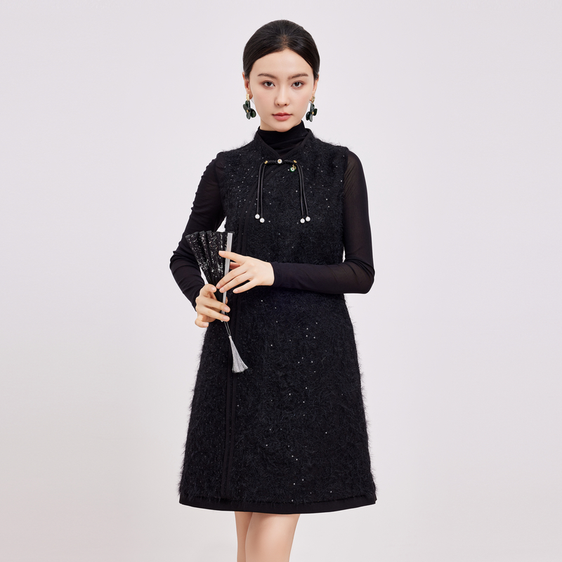 鲁思蒂新中式无袖背心连衣裙2024新款女春秋气质显瘦黑色国风裙子