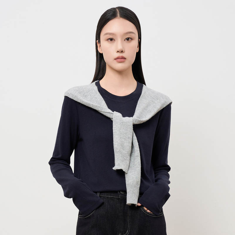 HIGH DAY/轩日圆领纯色长袖T恤2025秋冬新款简约通勤百搭时尚上衣