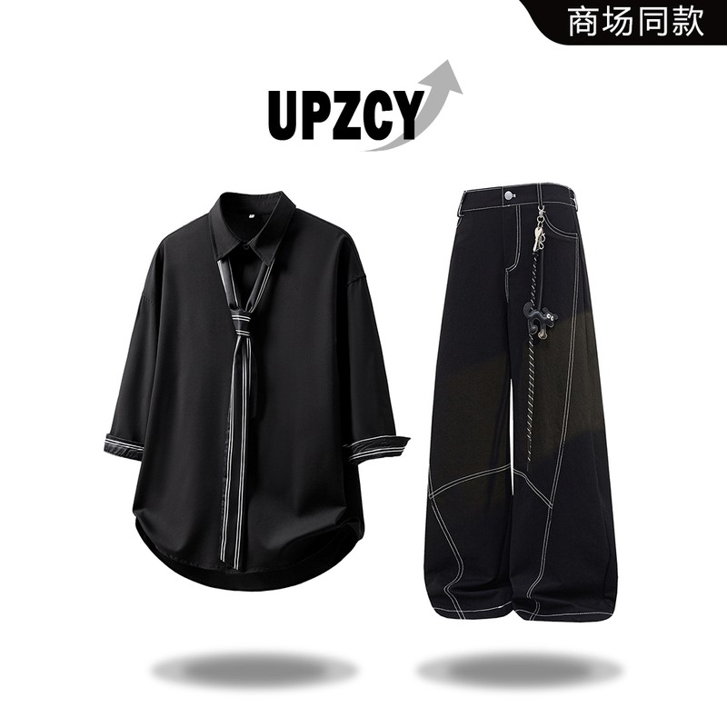 UPZCY美式潮流痞帅领带短袖衬衫男士夏季新款设计感套休闲风套装