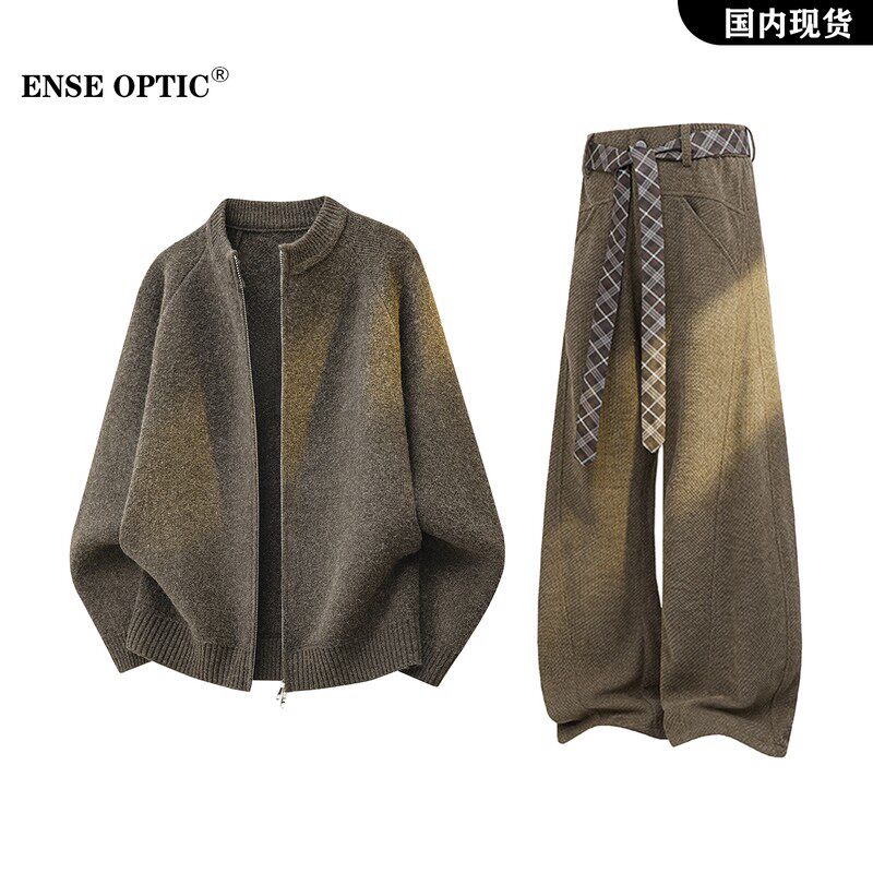 ENSE OPTIC老钱风套装男士春秋季美式时尚痞帅针织毛衣西裤两件套
