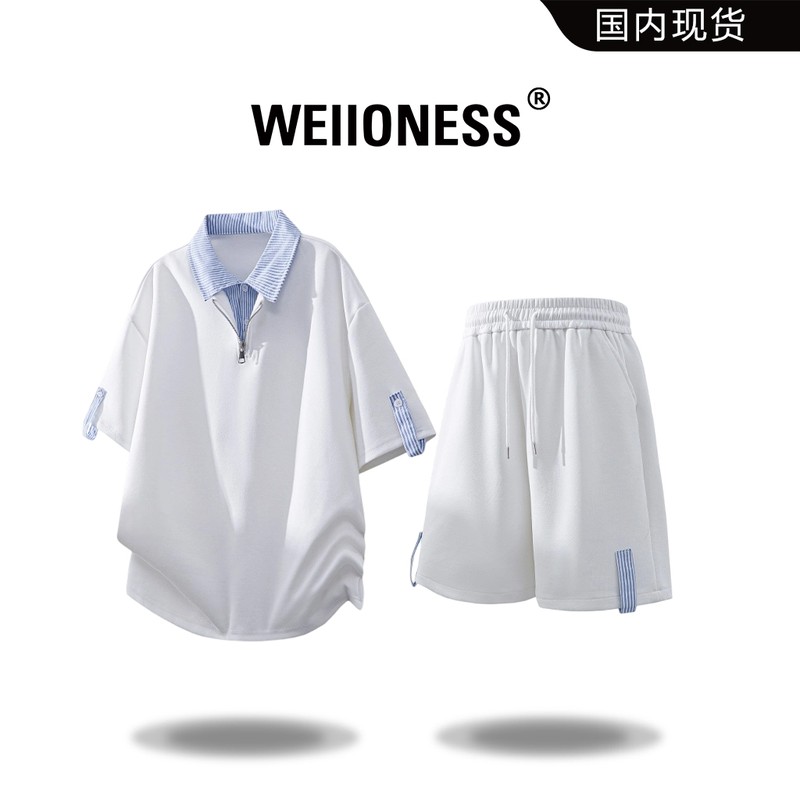 WEIIONESS美式潮流短袖T恤套装男夏季新款学院风假两件休闲两件套