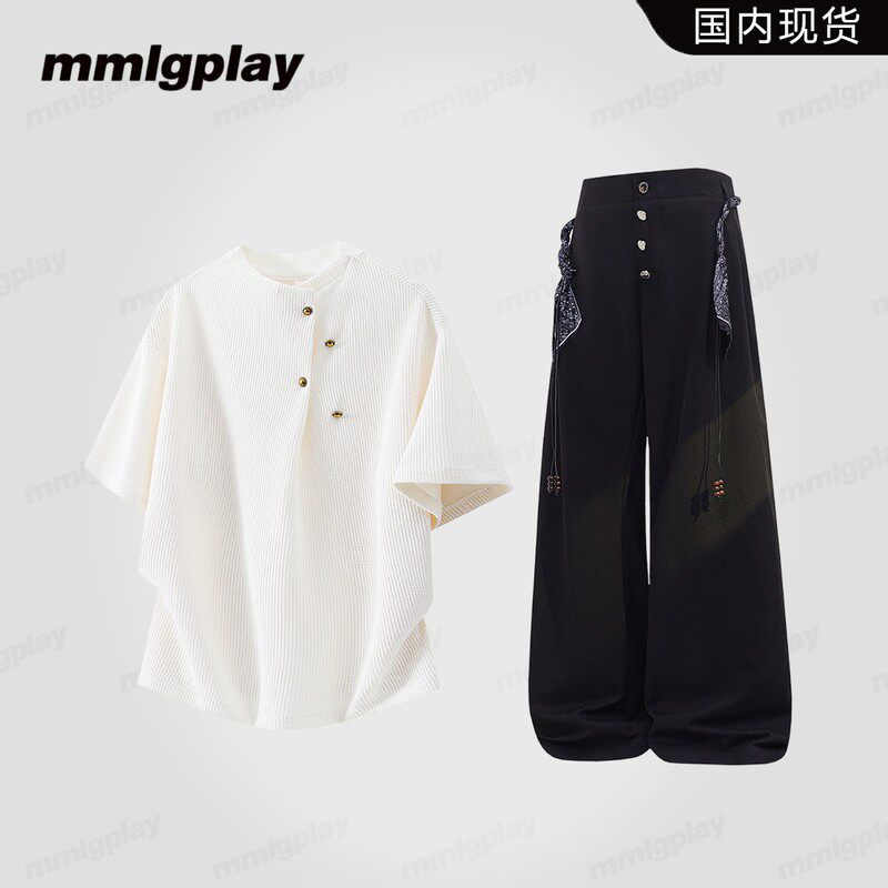 mmlgplay美式潮流亨利领T恤男士夏季休闲肌理竖纹短袖高级感套装