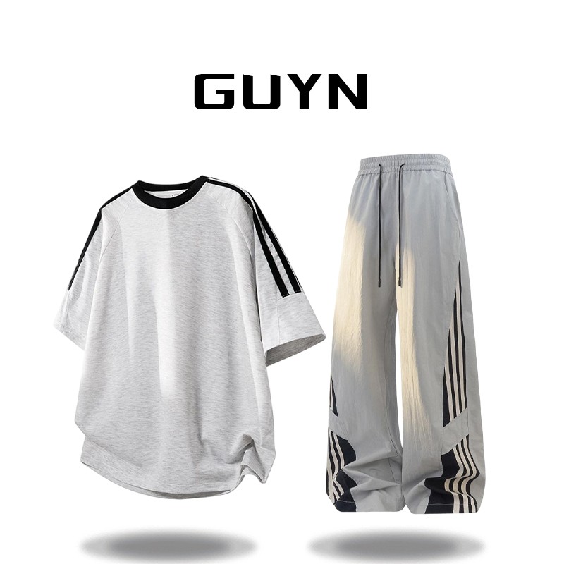 GUYN条纹运动风短袖T恤套装男士夏季薄款速干高级感休闲裤两件套