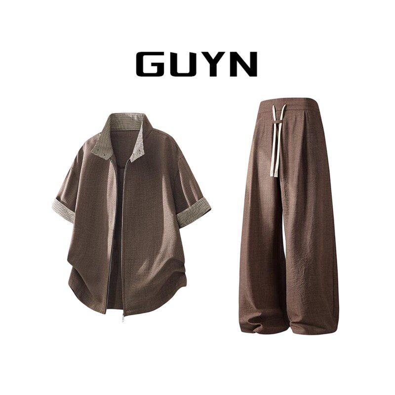 GUYN潮流宽松短袖衬衫男士夏季薄款轻薄老钱风百搭休闲裤子两件套