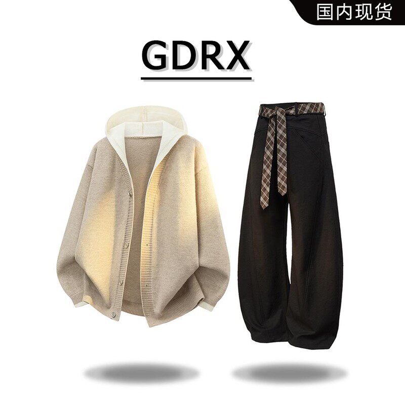 GDRX美式潮流毛衣套装男2026秋季新款时尚痞帅设计感休闲裤两件套