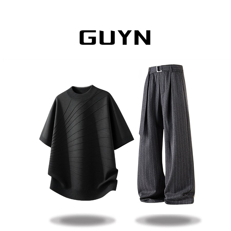 GUYN夏季薄款老钱风短袖t恤套装美式韩版针织衫透气条纹休闲西裤