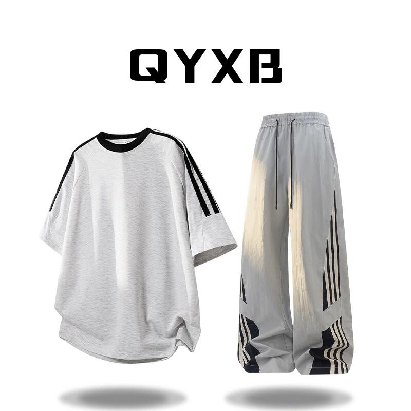QYXB运动短袖T恤套装男士夏季薄款条纹速干潮流高级感休闲裤男装