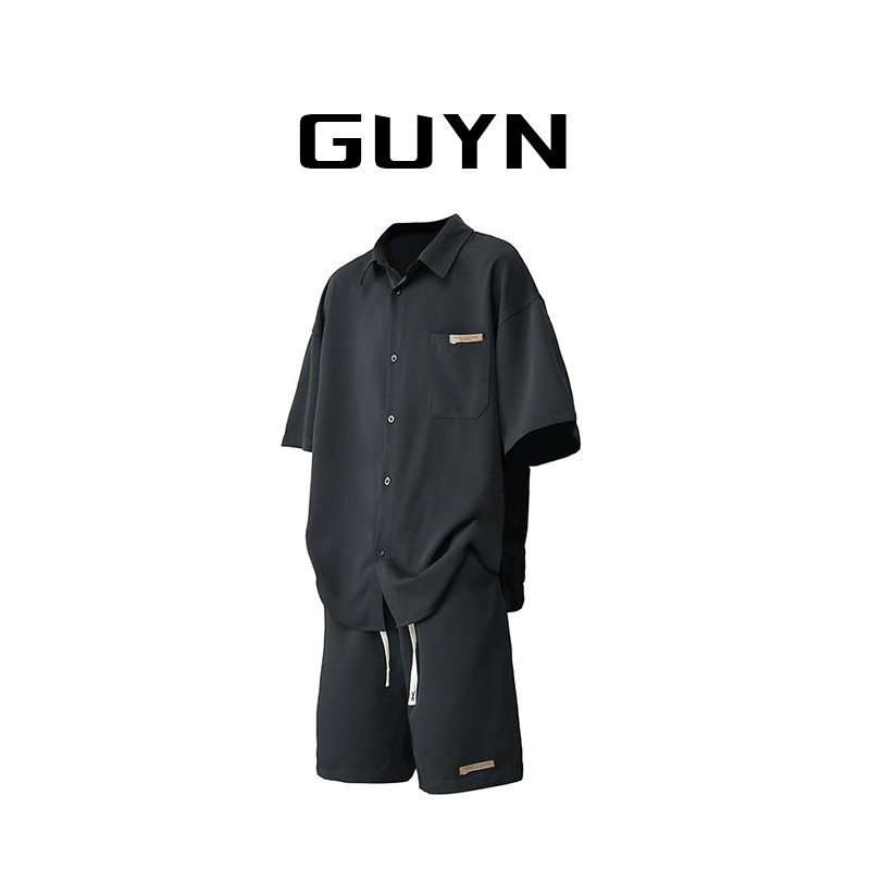 GUYN冰丝男士短袖衬衫套装2026夏季新款宽松痞帅慵懒风休闲两件套