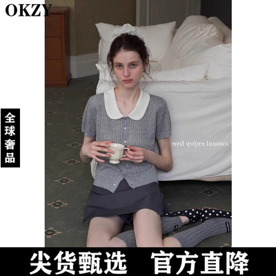 复古撞色娃娃领短袖上衣女