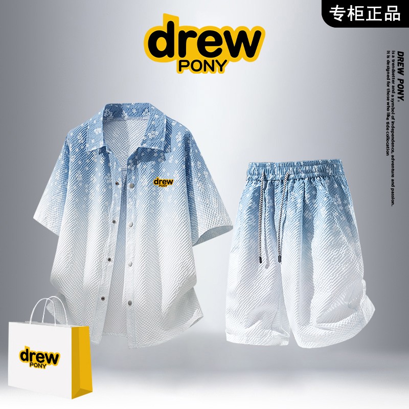 品牌现货】潮牌时尚休闲套装男士青少年夏季透气宽松短袖衬衫短裤