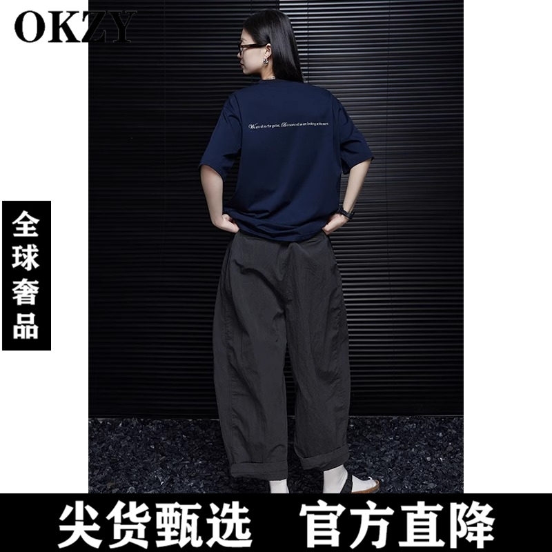 OKZY藏蓝色短袖字母t恤女2024新款夏季纯棉设计感小众宽松显瘦