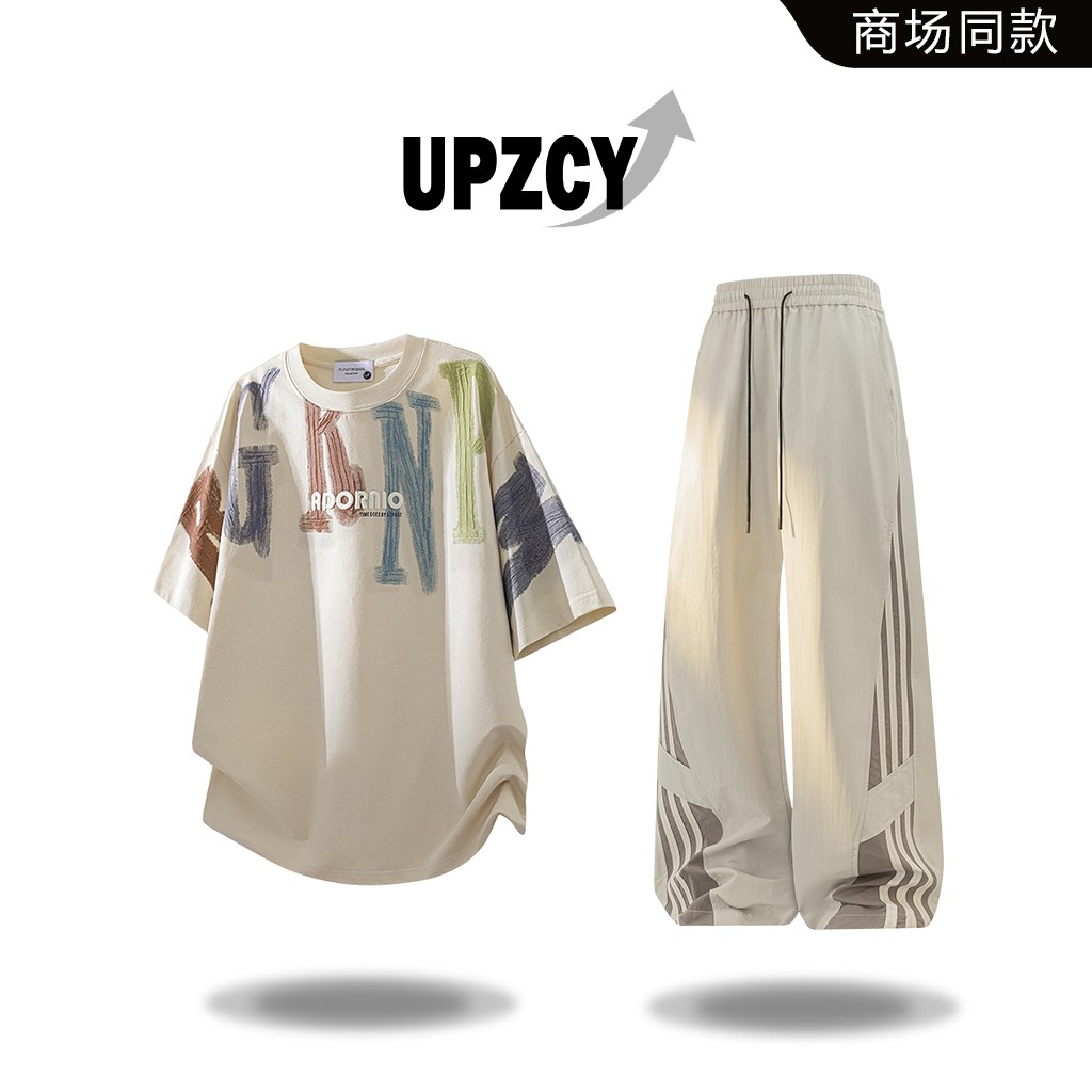 UPZCY潮流印花圆领短袖T恤上衣男士春夏季时尚休闲百搭套装两件套