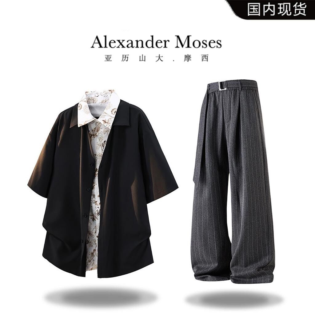 Alexander Moses设计感短袖衬衫套装夏季新款休闲长裤男装两件套
