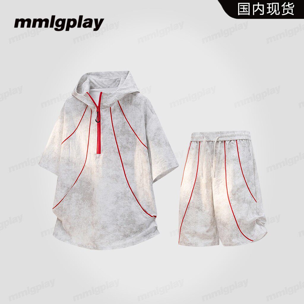 mmlgplay潮流条纹设计感套装男夏季新款半拉链连帽宽松T恤两件套