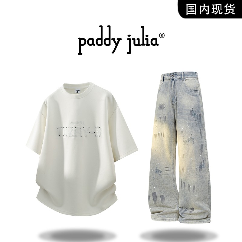 Paddy julia美式潮流字母刺绣短袖T恤男士夏季薄款宽松休闲牛仔裤
