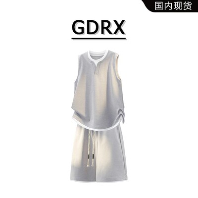 GDRX美式V领运动背心男2026夏季新款假两件轻奢设计感男装两件套