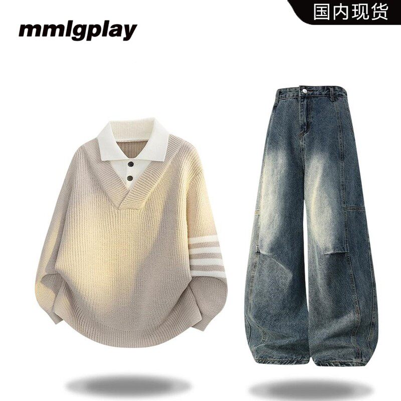 mmlgplay美式假两件翻领毛衣男2026秋冬新款痞帅休闲复古轻奢套装