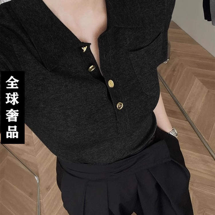 OKZY高级感polo领正肩短袖t恤女夏季冰丝针织衫翻领法式气质上衣