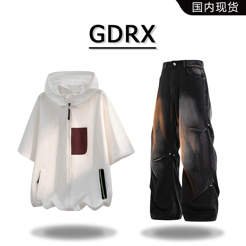 GDRX美式连帽短袖T恤套装2026夏季新款宽松痞帅牛仔裤两件套男装