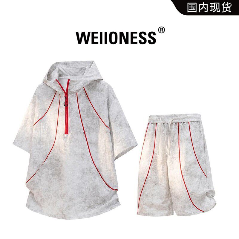 WEIIONESS潮流扎染连帽短袖T恤套装男夏季明线设计感轻奢休闲男装