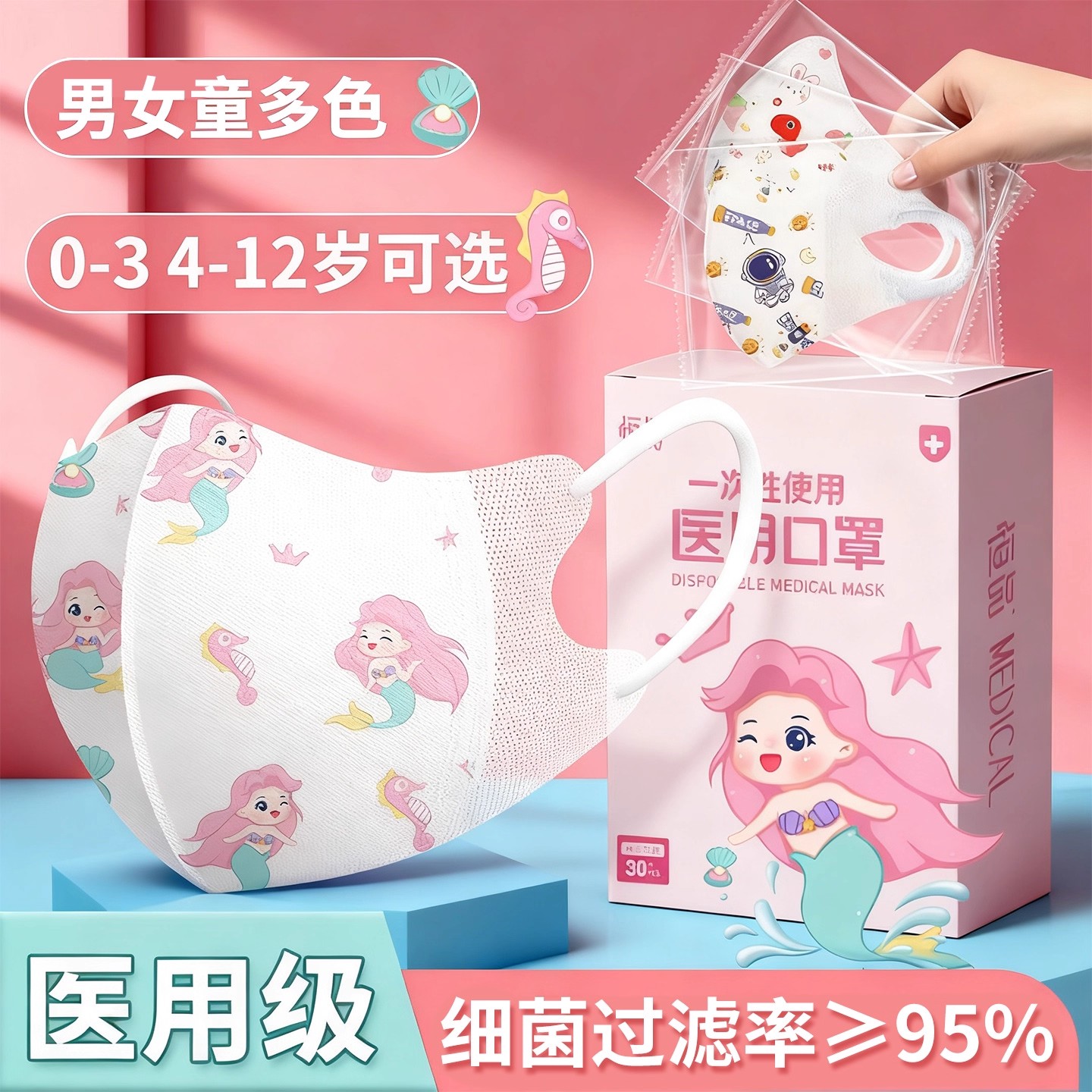 医用级【儿童3d立体口罩】不勒耳