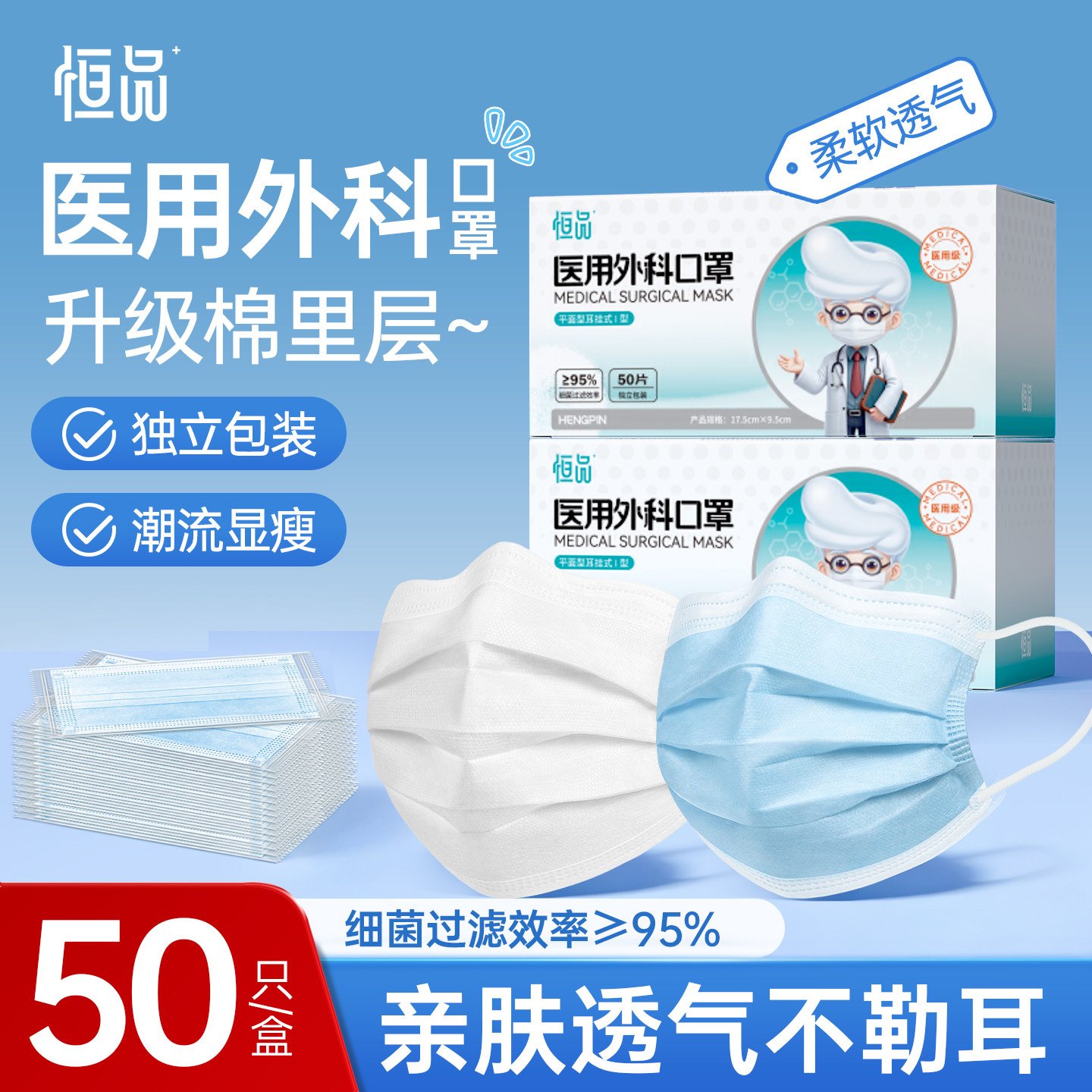 棉里层医用外科口罩一次性独立包装成人舒适透气防护纯棉高颜值