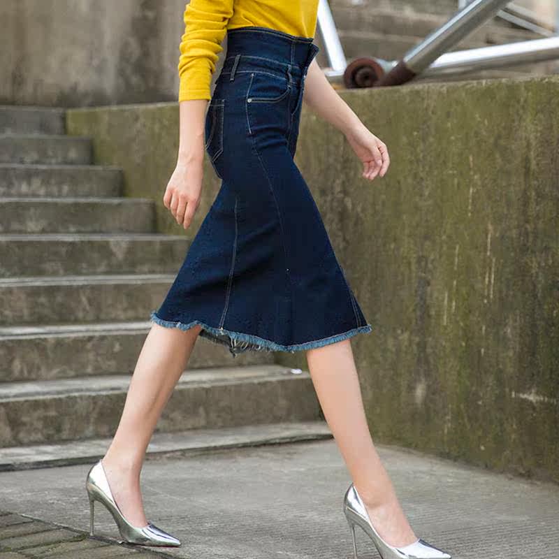 2019春夏款牛仔裙女中长款半身裙女蓝色牛仔中裙弹力毛边鱼尾长裙在类目 女装/女士精品, 半身裙中 - 来自Buy2taobao.com提供专业的淘宝代购服务