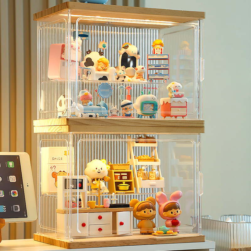 盲盒收纳展示架泡泡玛特展示盒亚克力带灯透明防尘盒子手办展示柜