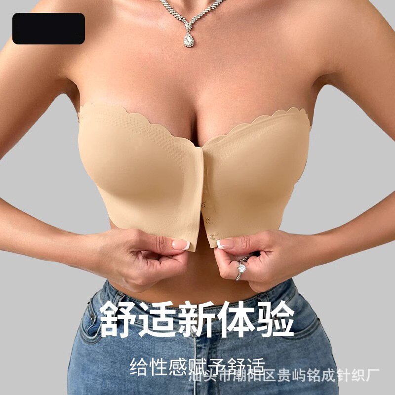 大码前扣内衣薄款聚拢小胸裹胸隐形透明无肩带抹胸一片式文胸