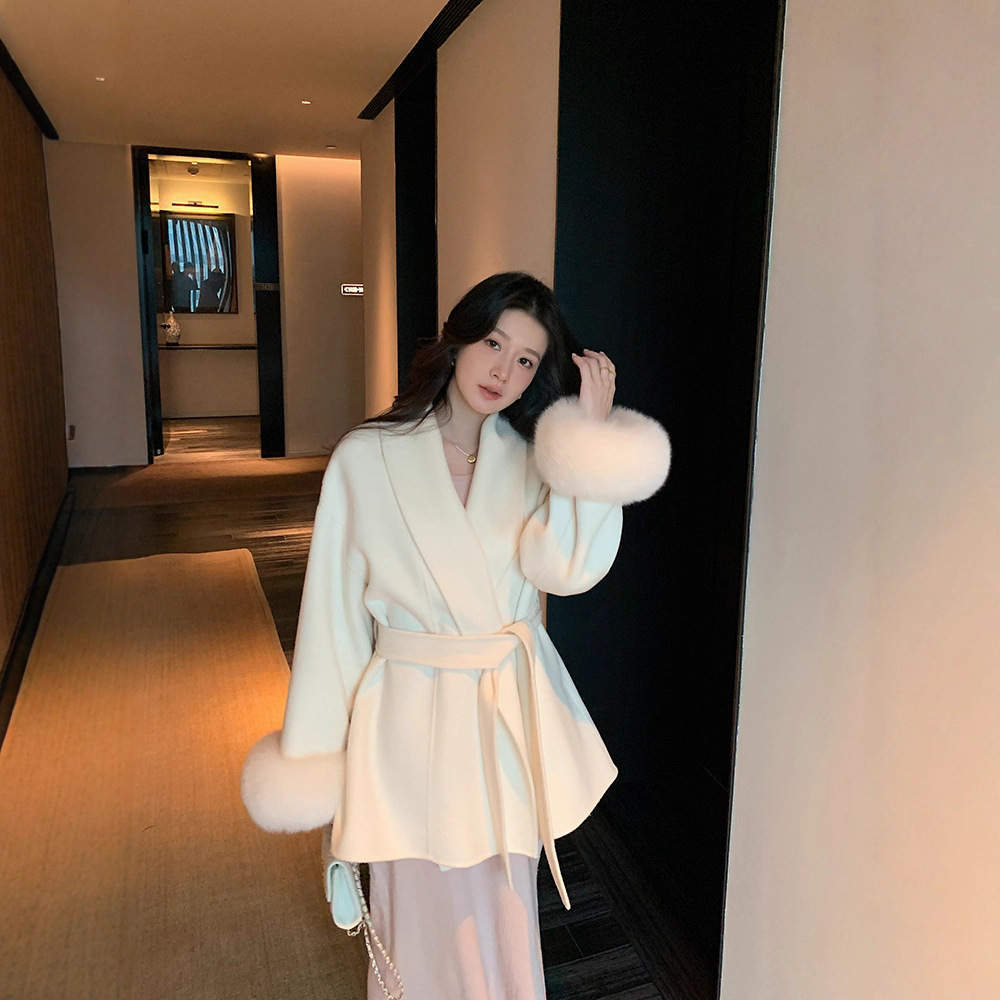 情人节狐狸毛双面呢羊毛绒大衣女秋冬新款韩系小个子毛呢外套B254