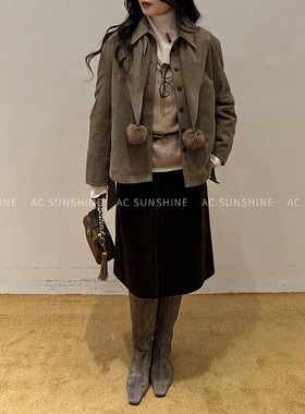 Sunshine复古牛皮绒质感毛绒球披肩翻领百搭夹克外套女H19353