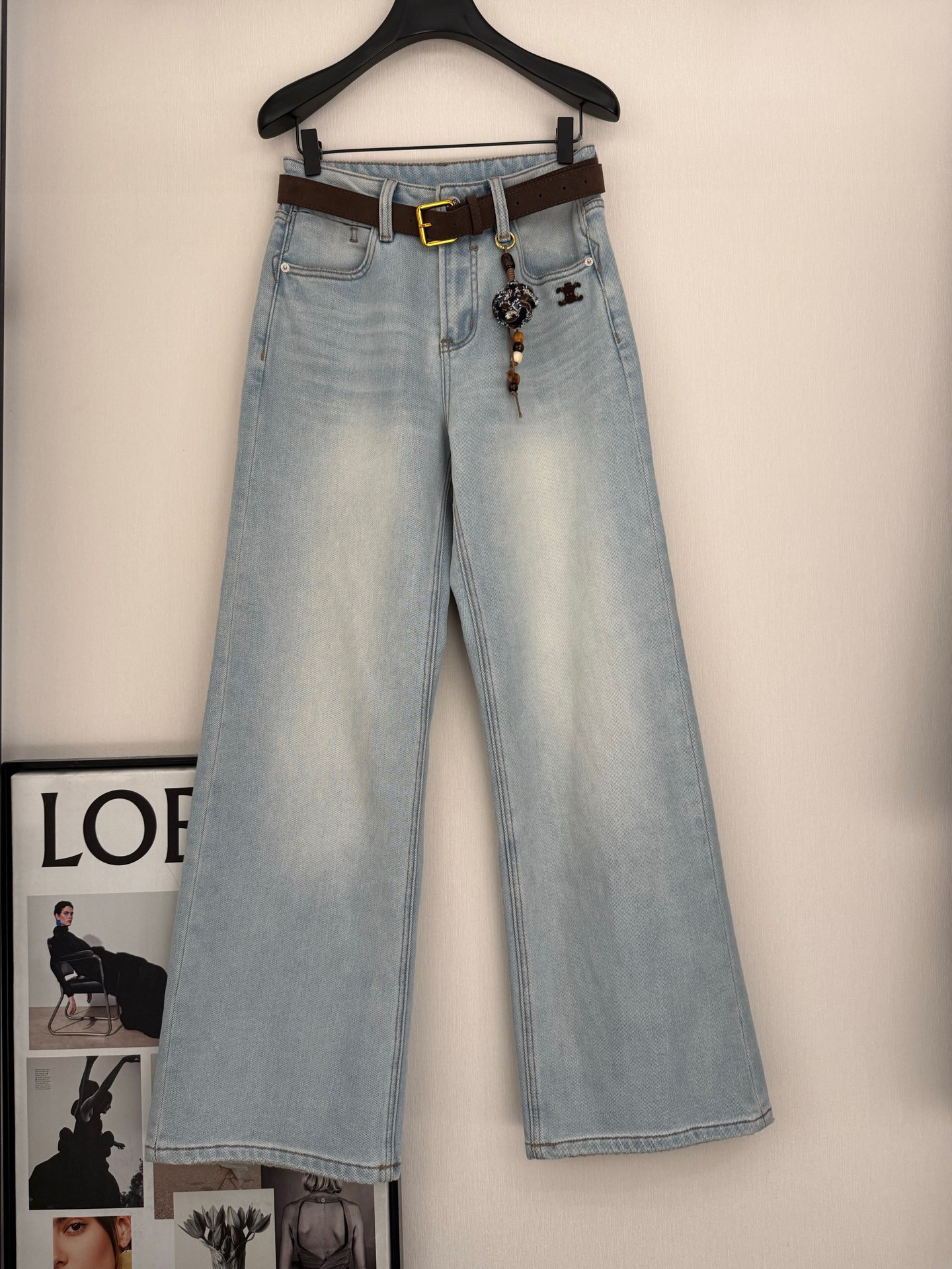 TF835/25冬季薄绒显瘦百搭浅蓝直筒牛仔裤休闲慵懒棕色腰带