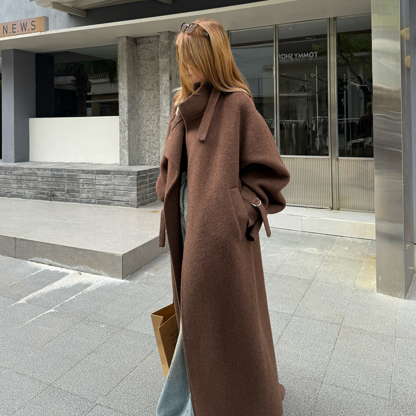 浴袍式大立领双面羊毛大衣女加长款宽松时尚百搭加厚羊毛外套批发