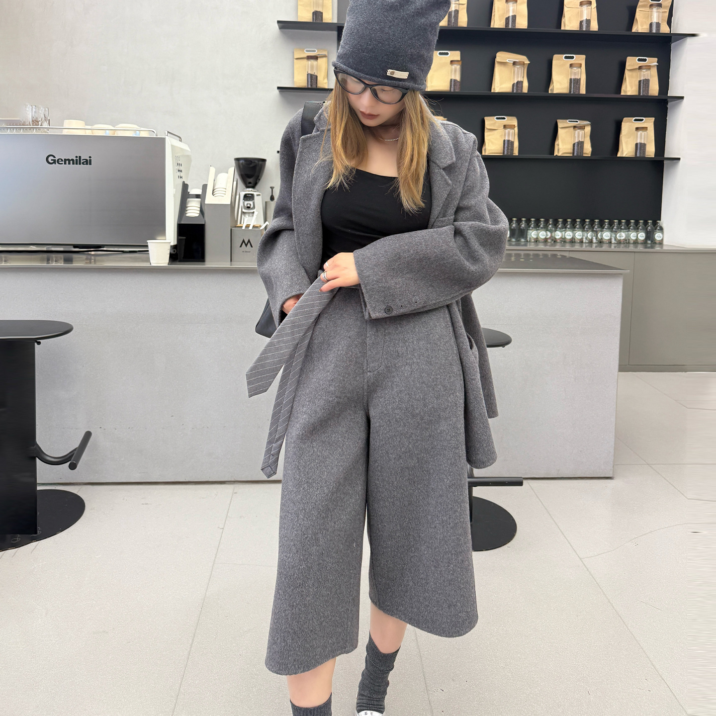 秋冬新款纯手工双面呢羊毛羊绒外套西装领大衣加七分裤两件套批发