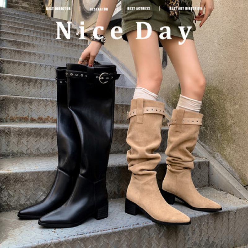 时尚皮带机车~5.5厘米高跟及膝堆堆靴女秋长筒骑士靴粗跟高筒