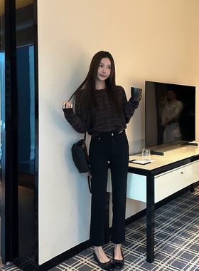 TF848/25冬季新款欧货黑色磨毛牛仔直筒小烟管裤显瘦又百搭休闲