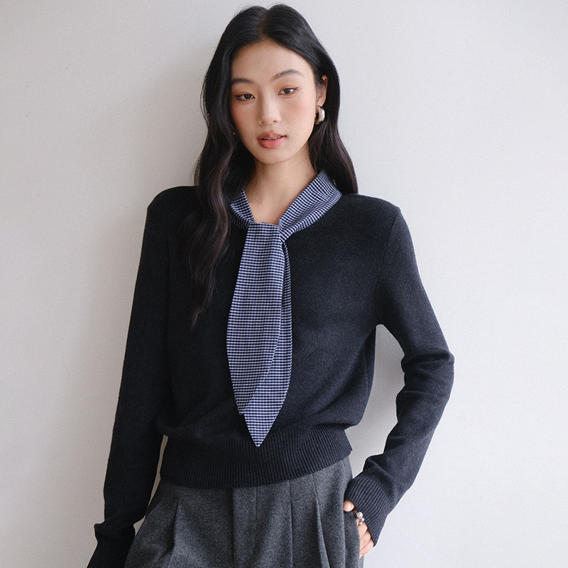 领带拼接假两件针织衫女2025秋季知性风通勤V领毛衣