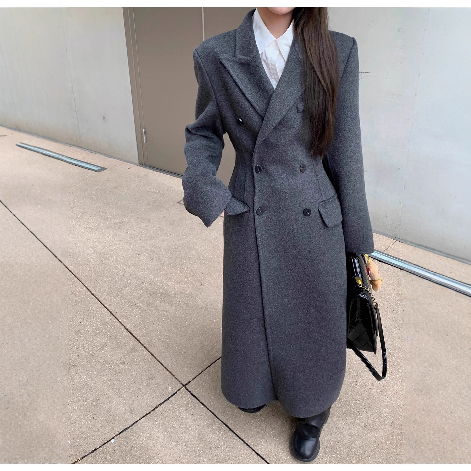 灰色系小蛮腰羊绒外套女高级感收腰显瘦长款气质双面羊毛呢子大衣