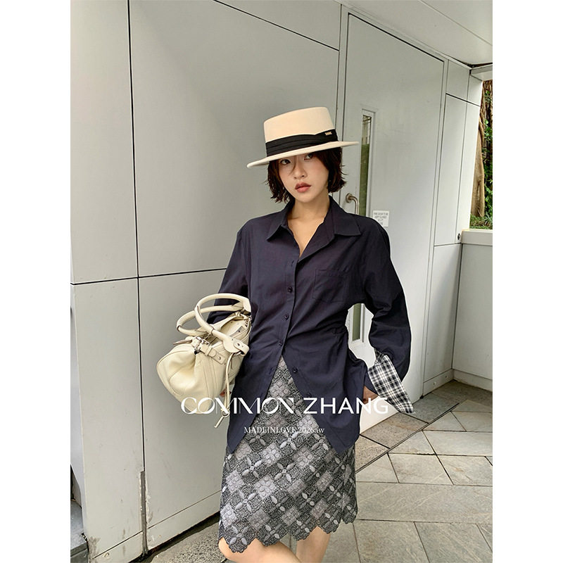 韩系拼接格子袖口衬衫女秋季褶皱收腰长袖上衣C33495