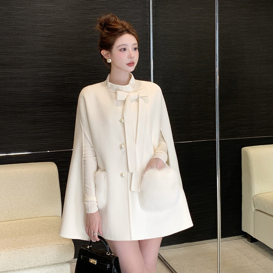 “千金斗篷”2025冬新款蝴蝶结真狐狸毛口袋双面呢100羊毛呢外套