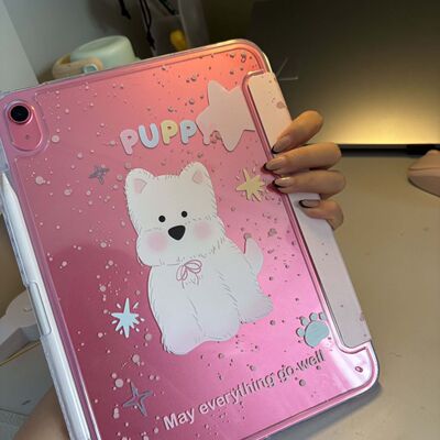 粉色小狗保护壳适用iPad11代A16平板壳3Y折带笔槽ipadpro11寸平板套iPad7代/8代/9代亚克力保护壳防弯防摔壳