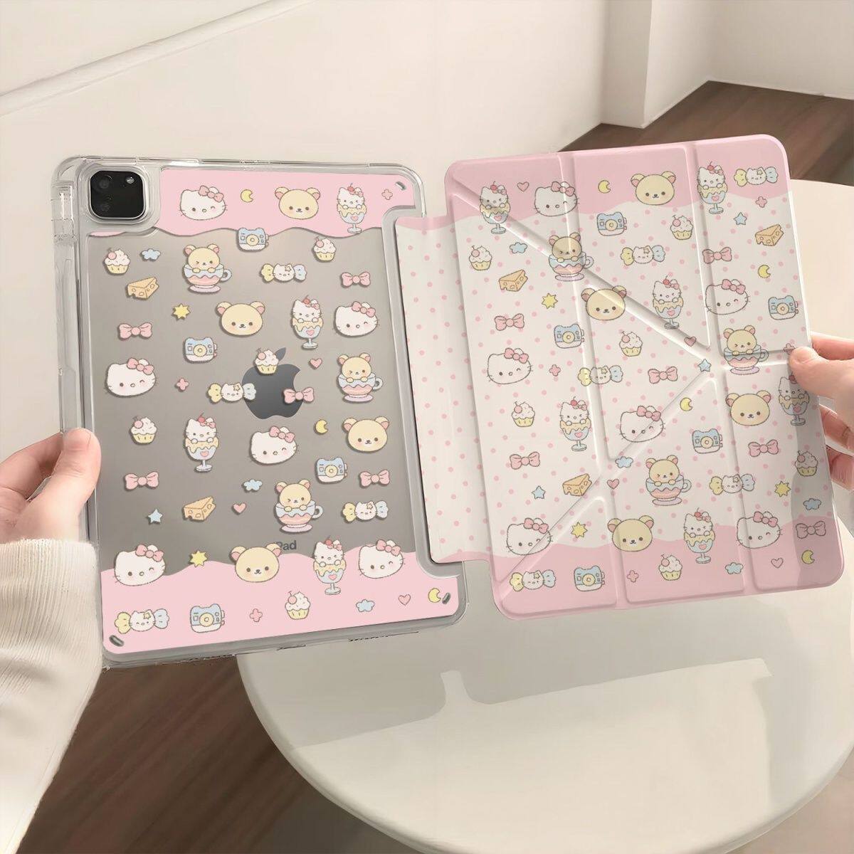 粉色Kitty猫轻松熊ipad壳适用iPad11代平板壳iPad7/8/6代平板保护套iPadpro11寸亚克力平板壳3Y折防弯带笔槽